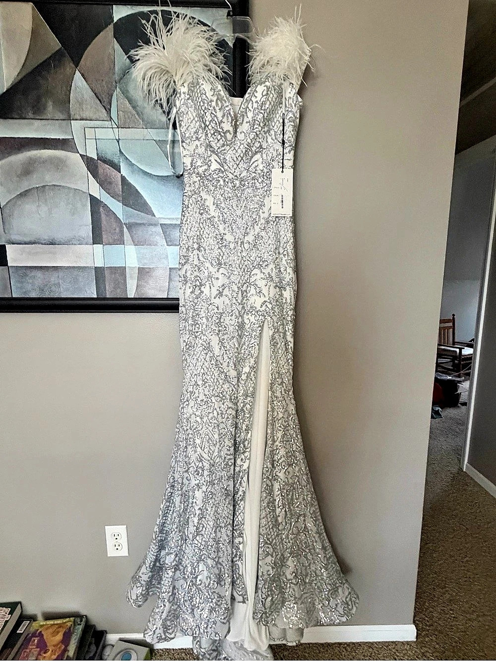 Ashley Lauren Sequin Feather Trim Maxi Dress in Silver Size 2 NWT